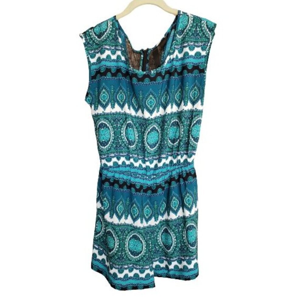Womens Sleeveless Romper M Teal White Boho Lace Back Casual Beach Resort